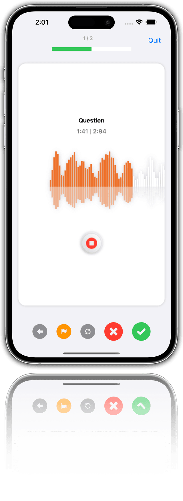 This is a photo of a phone screen with an audio recording app open. The app is white with a green header and a red record button in the center. The app is displaying a waveform of the audio recording. The waveform is orange and gray. The app is in the middle of a recording, as indicated by the red record button and the timer at the top. The phone is an iPhone with a white background.