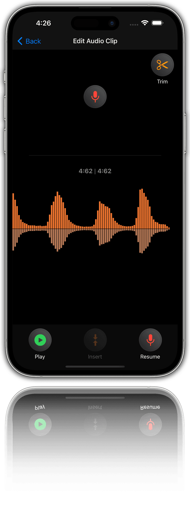 This is a screenshot of an audio editing screen. The app is in dark mode and the screen is mostly black with orange and white accents. The app is in the “Edit Audio Clip” screen. The screen shows a waveform of the audio clip. The waveform is orange in color. The screen has a “Trim” button on the top right corner. The screen has a “Play”, “Insert”, and “Resume” button on the bottom. The screen has a time stamp of “4:62 / 4:62” on the top center.