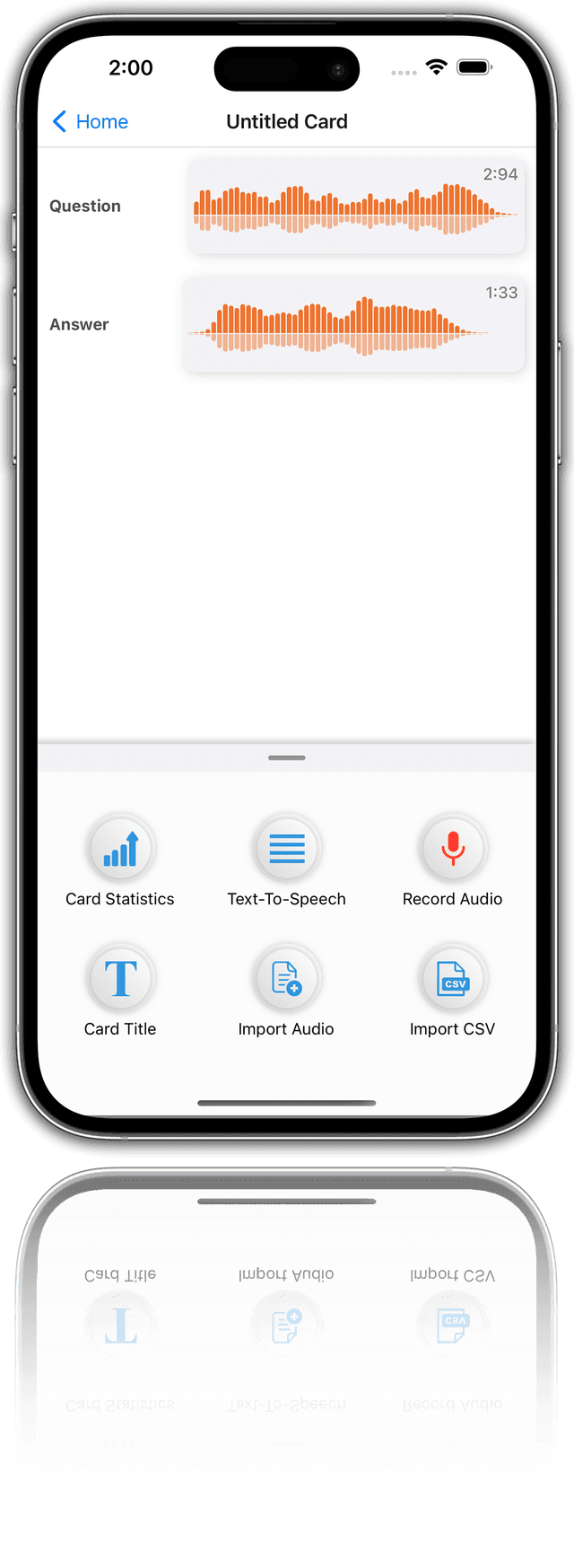This is a photo realistic image of a smartphone with a white background. The phone is displaying an app with an orange and white interface. The app appears to be a flashcard or study aid app. The app has a question and answer section, card statistics, text-to-speech, record audio, card title, import audio, import CSV, and other options. The phone is an iPhone with a black front and a white back.