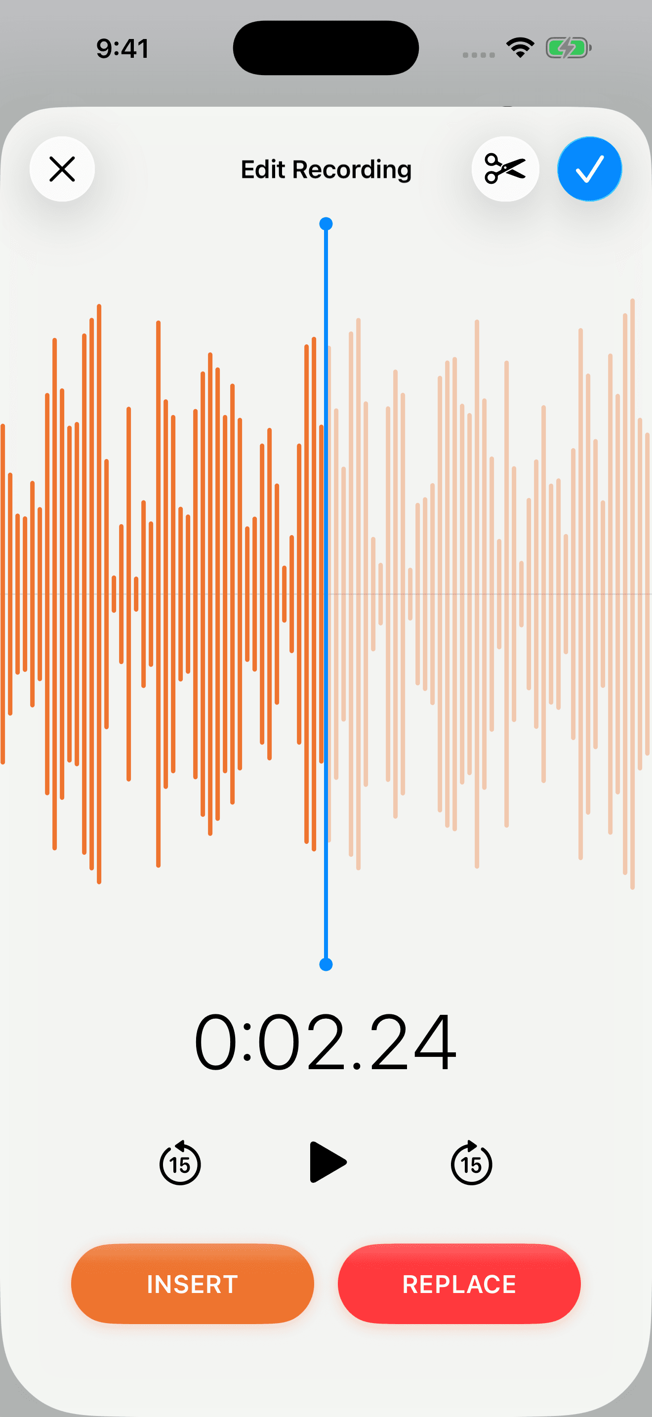 Editing a recording in the iPhone app, with its waveform, a playhead, and Insert and Replace buttons.