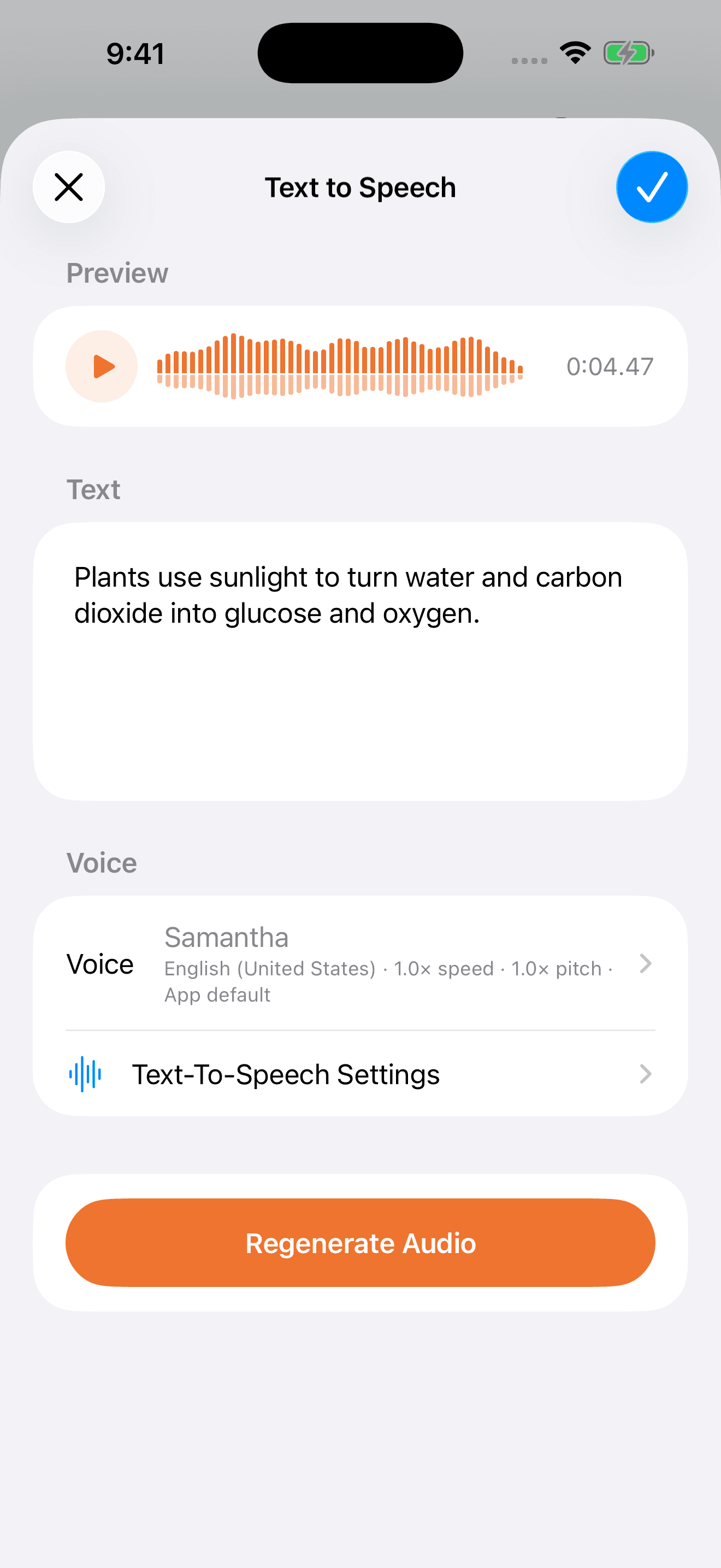 The Text to Speech screen in the iPhone app, with the text of an answer, a voice and a Regenerate Audio button.