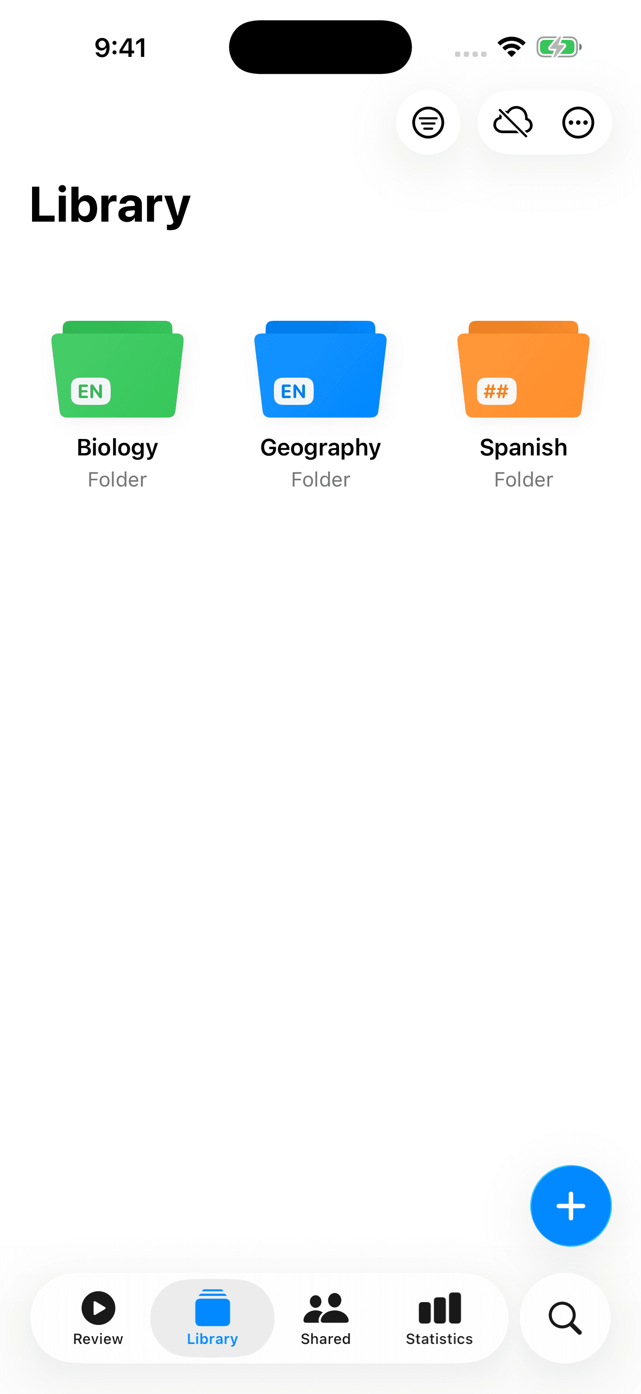 The Library in the iPhone app with Biology, Geography and Spanish folders.