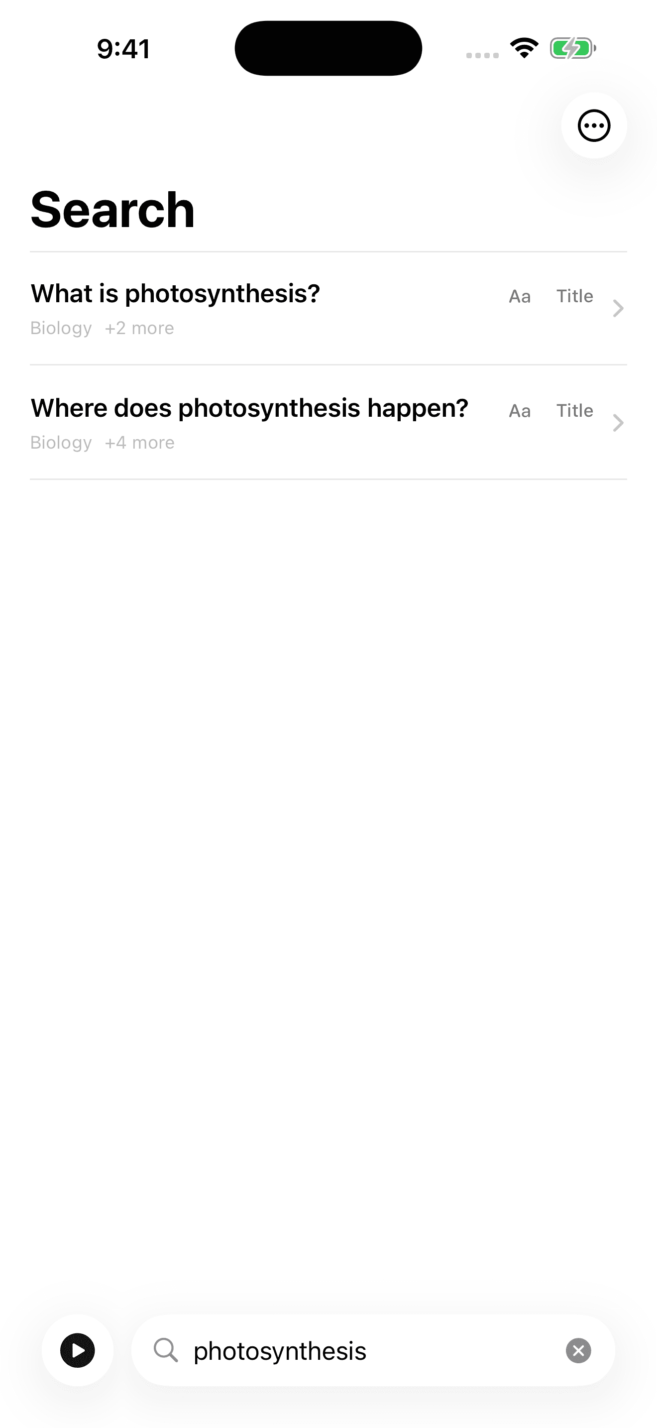 Searching the iPhone app for photosynthesis, with two matching cards.
